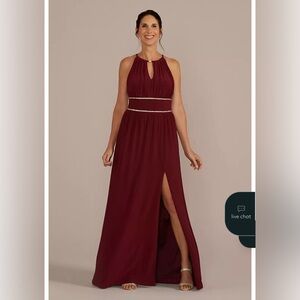 Davids Bridal Wine Halter Jersey Knit Gown with Rhinestone Waist Size 14